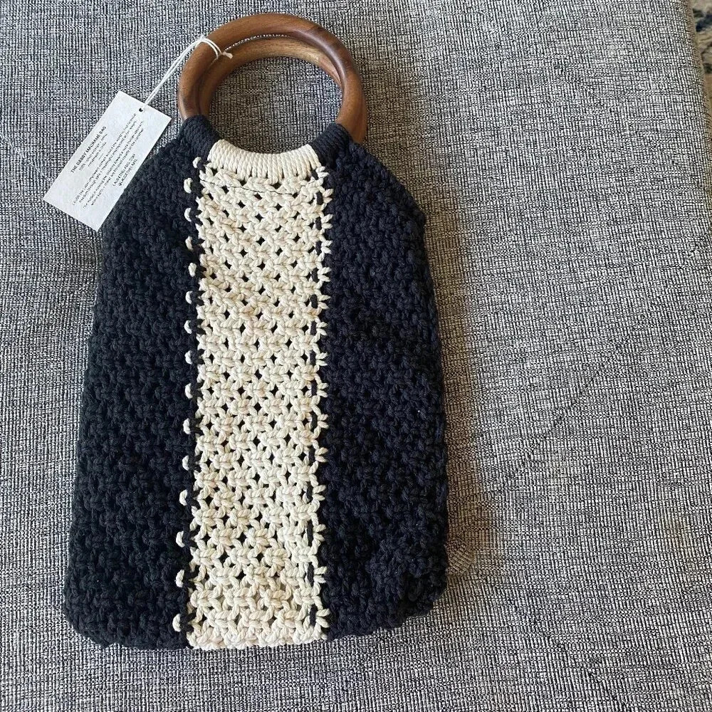 Curator X Laude The Label Gabby Macrame Crochet Wood Ring Handle Bag Black White